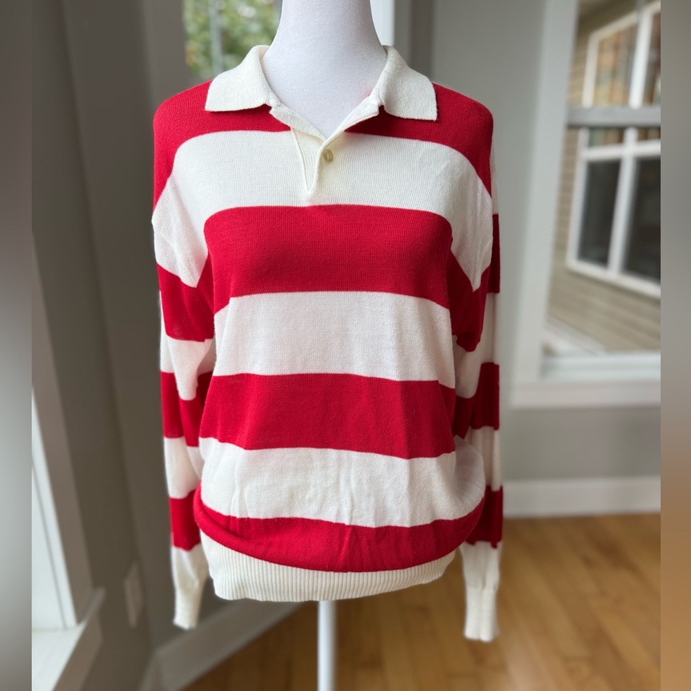 Vintage Towncraft Red and White Striped Collared Polo Sweater Size Large